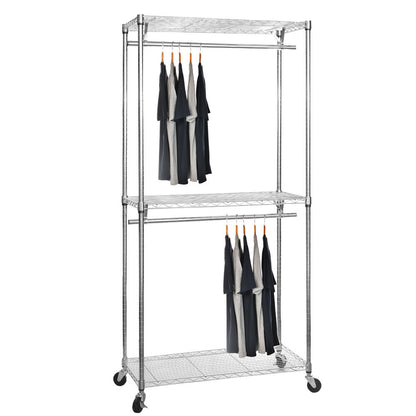 Chrome Wire Clothes Rack with Wheels - 2 x Rail & 3 x Shelves - H2100 x D450mm