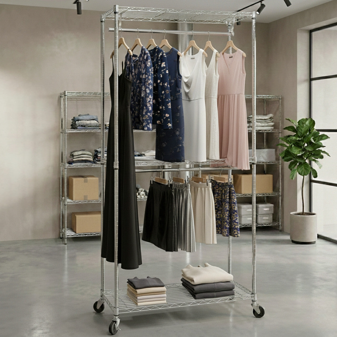 Chrome Wire Clothes Rack with Wheels - 2 x Rail & 3 x Shelves - H2100 x D450mm