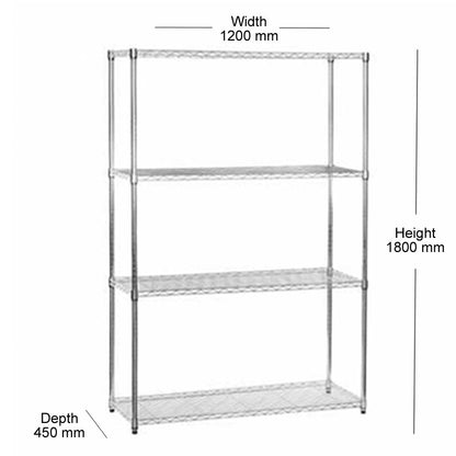 4 Tier Chrome Wire Shelving Unit - H1800 x W1200 x D450mm