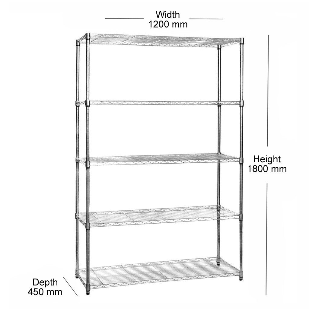 5 Tier Chrome Wire Shelving Unit - H1800 x W1200 x D450mm