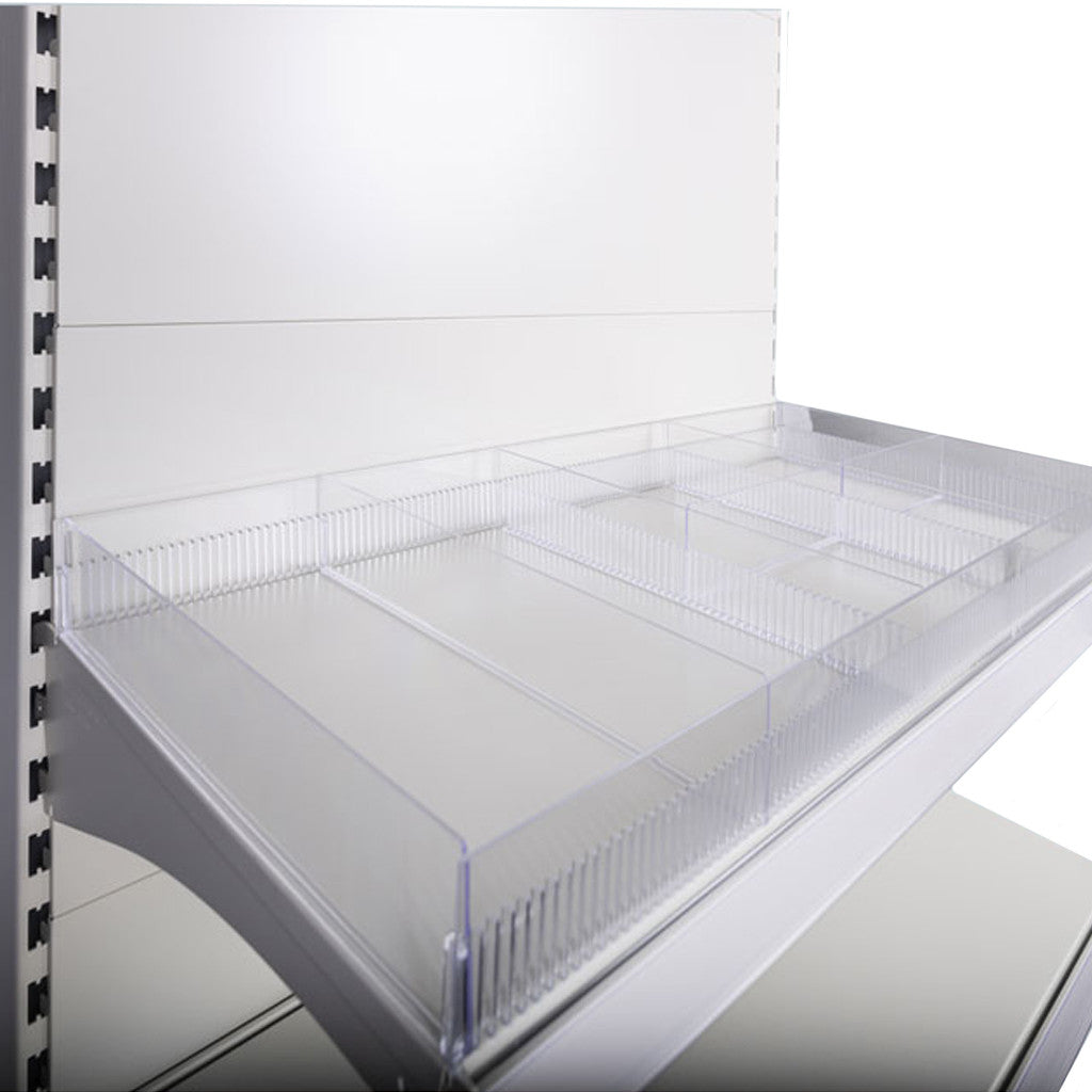 Retail Shelf with a variety of Clear Plastic Risers, Dividers and Sub-dividers