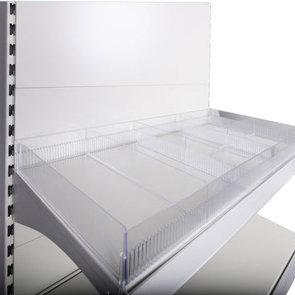 Retail Shelf with a variety of Clear Plastic Risers, Dividers and Sub-dividers