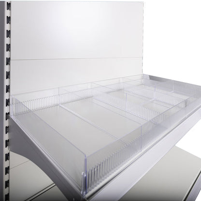 Retail Shelf with a variety of Clear Plastic Risers, Dividers and Sub-dividers