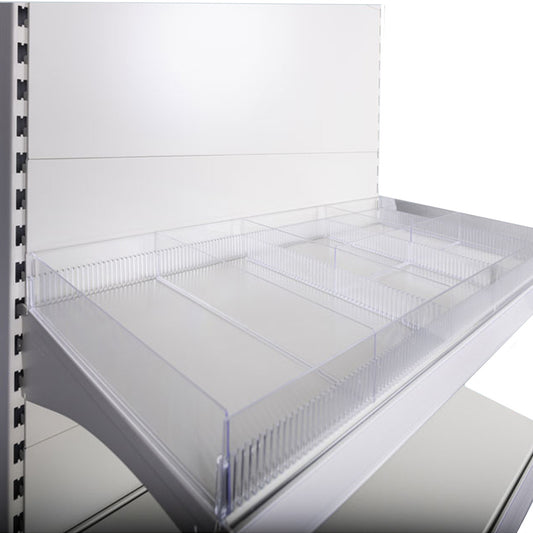 Retail Shelf with a variety of Clear Plastic Risers, Dividers and Sub-dividers