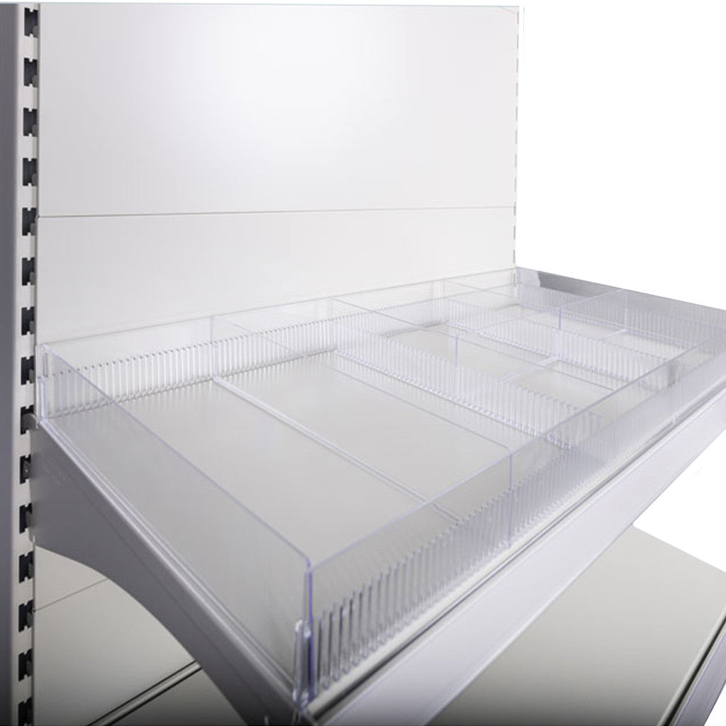 Retail Shelf with a variety of Clear Plastic Risers, Dividers and Sub-dividers