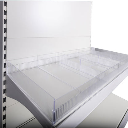 Retail Shelf with a variety of Clear Plastic Risers, Dividers and Sub-dividers