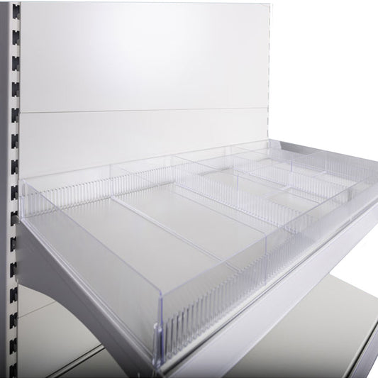 Retail Shelf with a variety of Clear Plastic Risers, Dividers and Sub-dividers