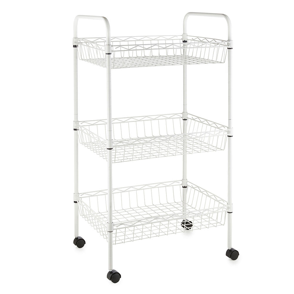3 Tier White Wire Shelf Trolley with Handles - H800 x W450 x D350mm
