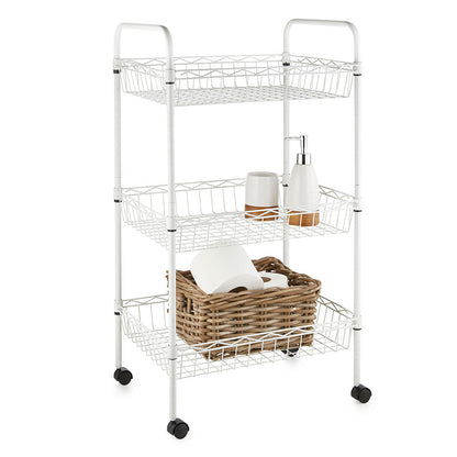 3 Tier White Wire Shelf Trolley with Handles - H800 x W450 x D350mm