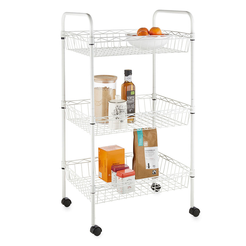 3 Tier White Wire Shelf Trolley with Handles - H800 x W450 x D350mm