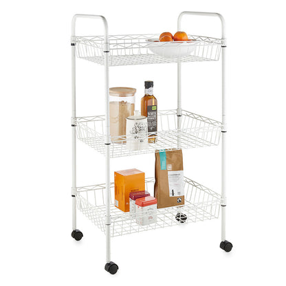 3 Tier White Wire Shelf Trolley with Handles - H800 x W450 x D350mm