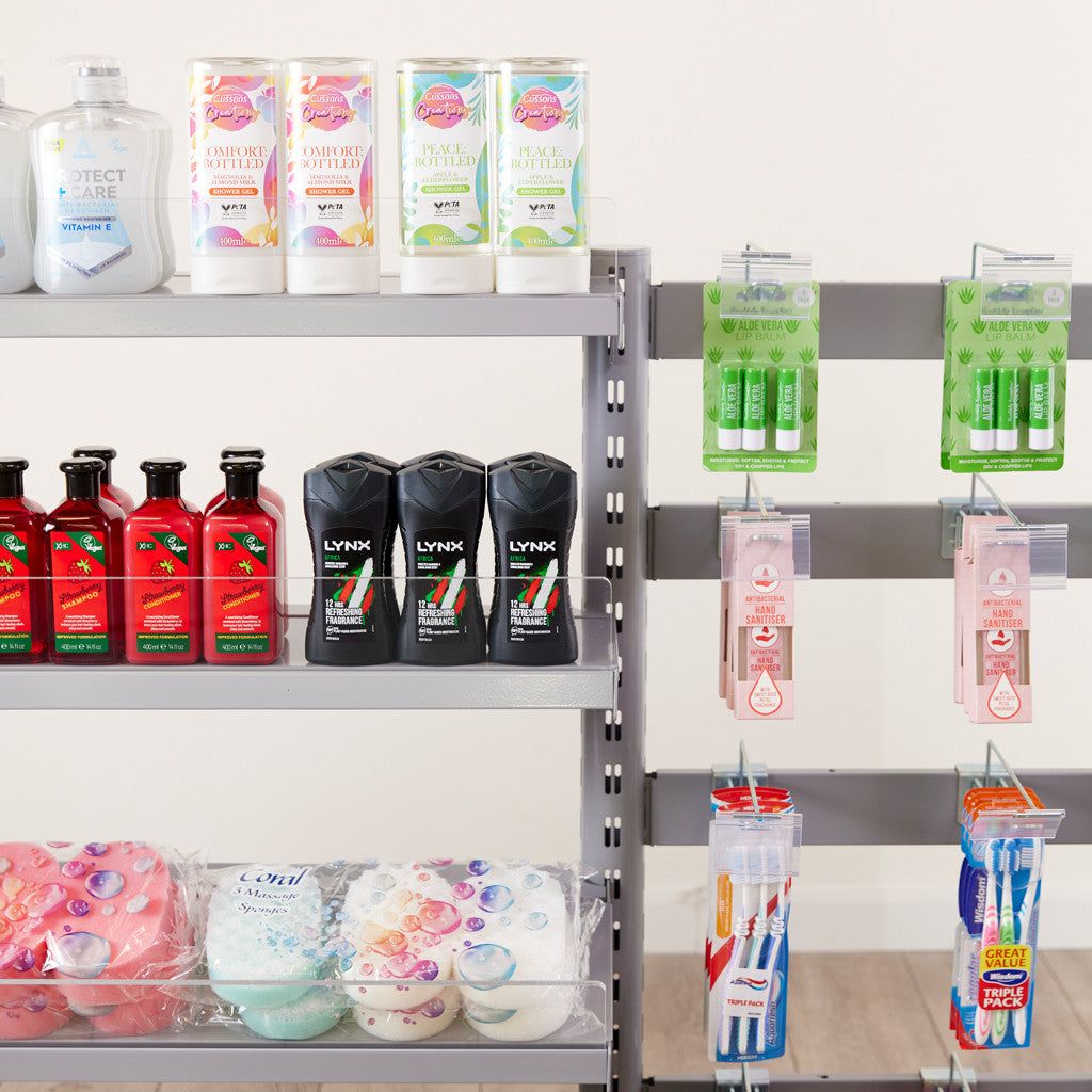 3 x Single Sided In-Queue Merchandising Bays with Magazine Shelves and Hooks