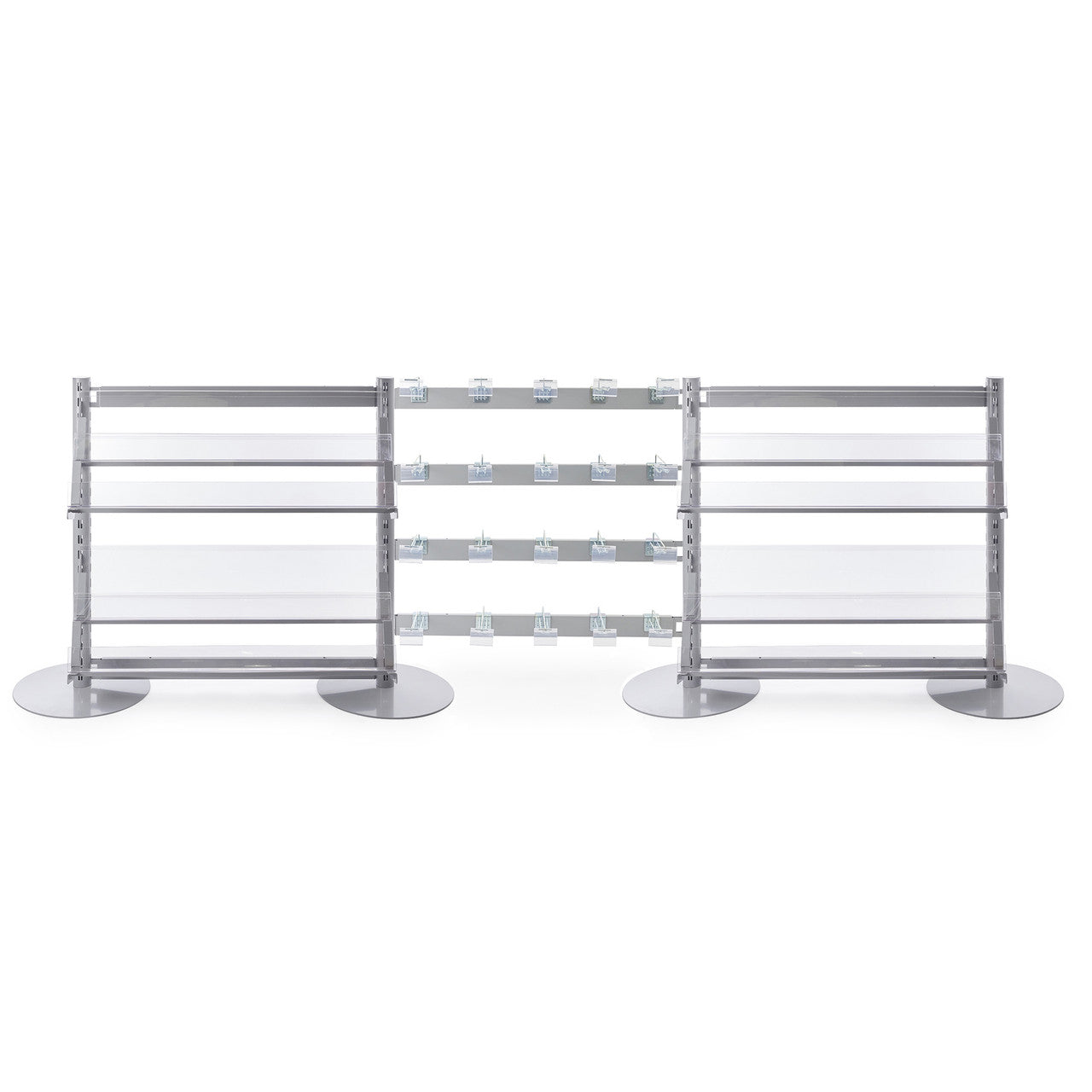 3 x Single Sided In-Queue Merchandising Bays with Magazine Shelves and Hooks