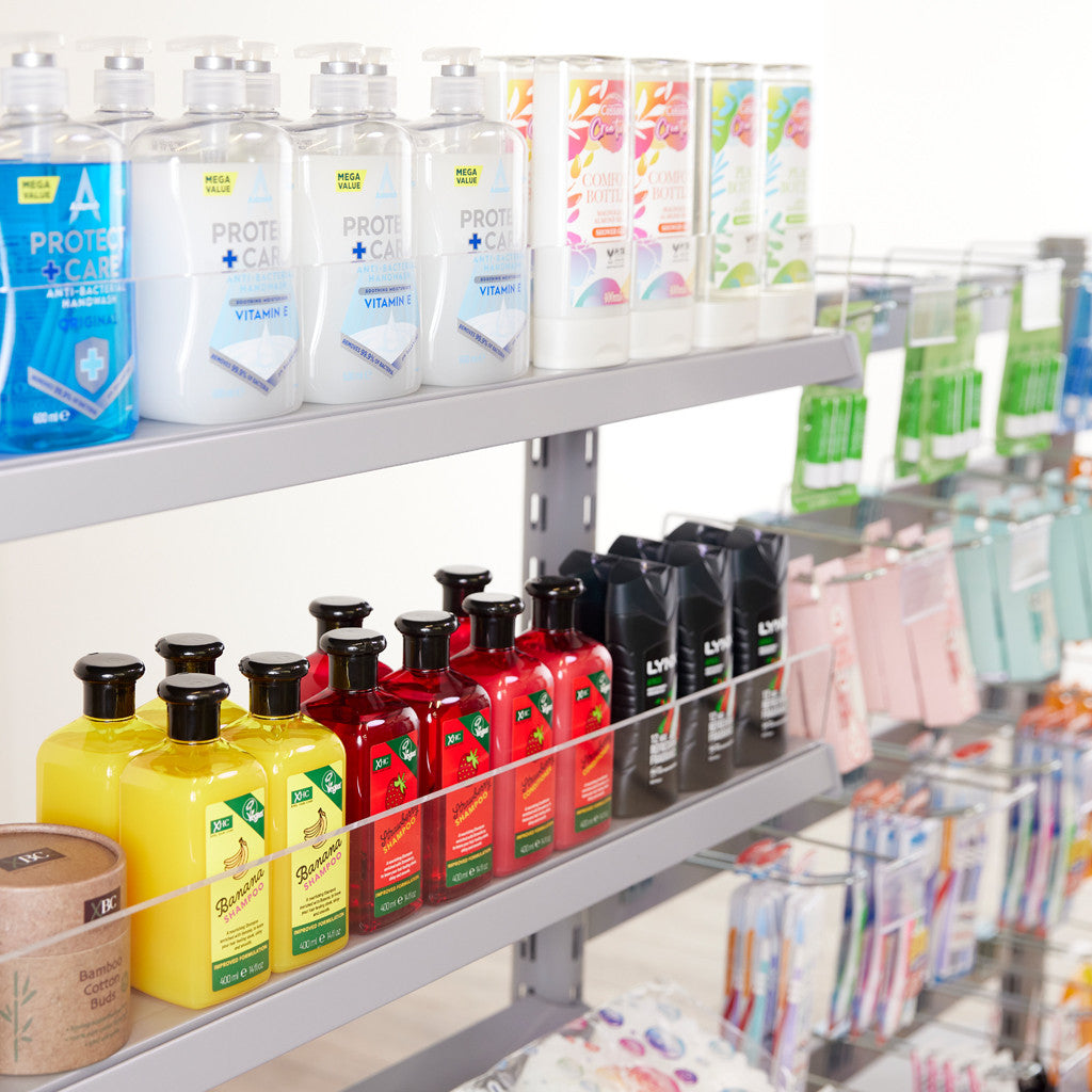 3 x Single Sided In-Queue Merchandising Bays with Magazine Shelves and Hooks