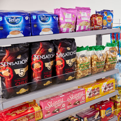 3 x Double Sided In-Queue Merchandising Bays with Magazine Shelves and Hooks, Bin, 2 Bowls and Header Frame