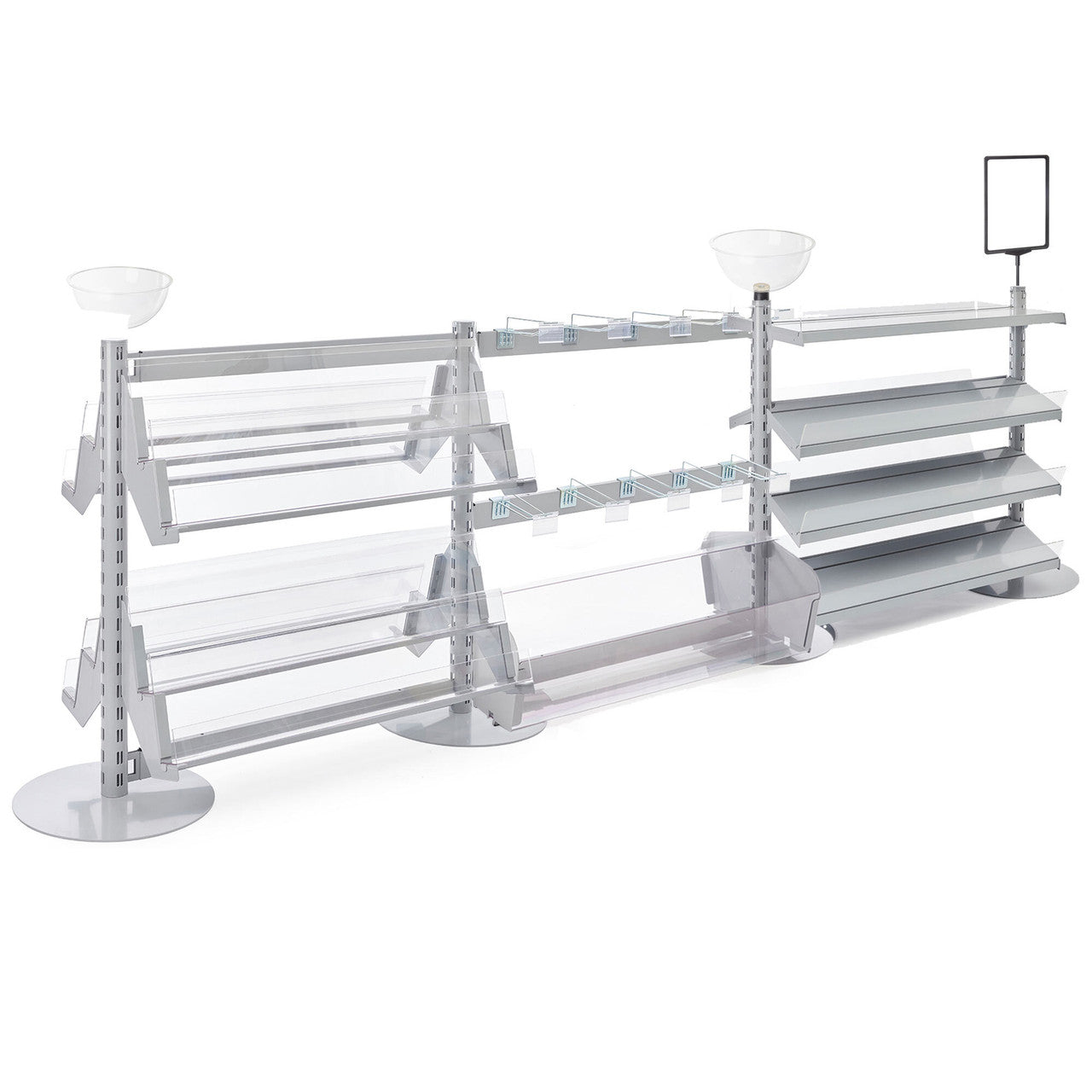 3 x Double Sided In-Queue Merchandising Bays with Magazine Shelves and Hooks, Bin, 2 Bowls and Header Frame