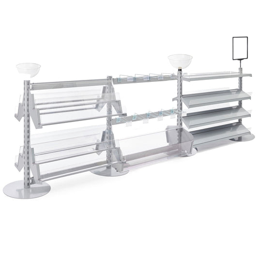 3 x Double Sided In-Queue Merchandising Bays with Magazine Shelves and Hooks, Bin, 2 Bowls and Header Frame