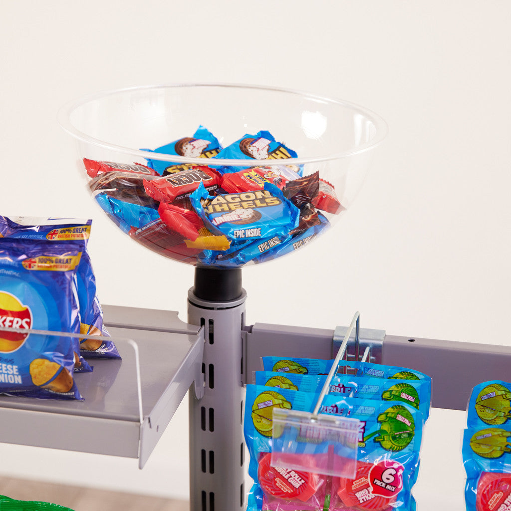 3 x Double Sided In-Queue Merchandising Bays with Shelves and Hooks, Bin, 2 Bowls and Header Frame