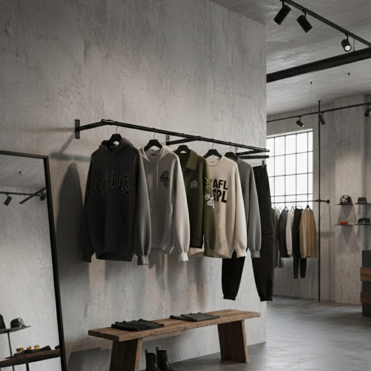 2m Black Wall-Mounted Hanging Clothes Rail with 3 Support Arms