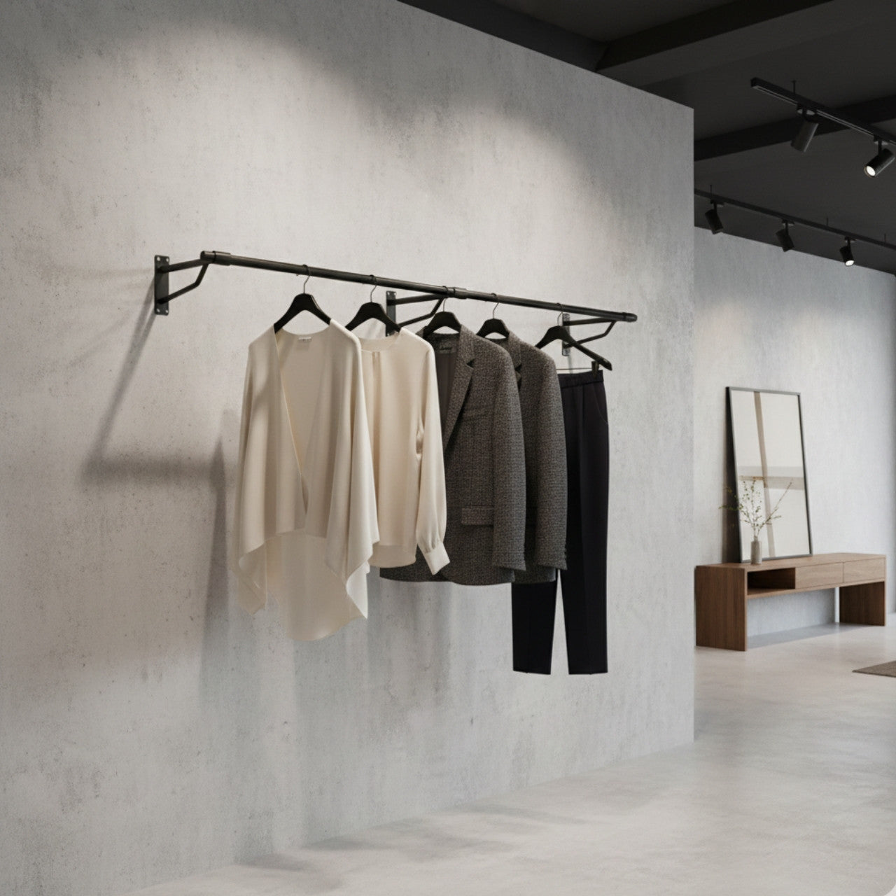 2m Black Heavy Duty Wall-Mounted Hanging Clothes Rail with 3 Support Arms