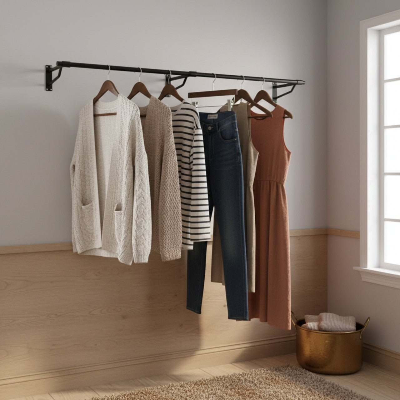 2m Black Heavy Duty Wall-Mounted Hanging Clothes Rail with 3 Support Arms