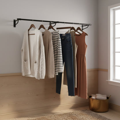 2m Black Heavy Duty Wall-Mounted Hanging Clothes Rail with 3 Support Arms