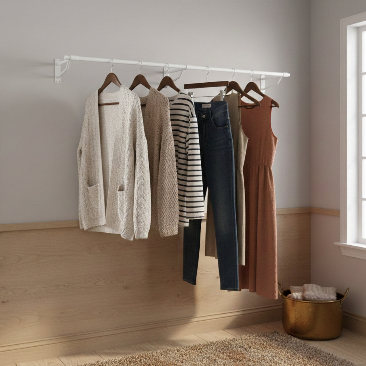 2m White Heavy Duty Wall-Mounted Hanging Clothes Rail with 3 Support Arms