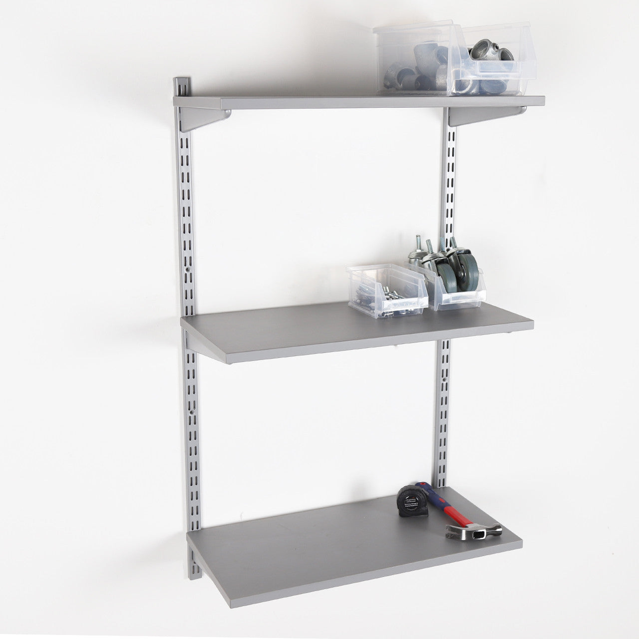 Silver Twin Slot Shelving Kit - H1000 x D300mm - 3 Dark Grey Wooden Shelves