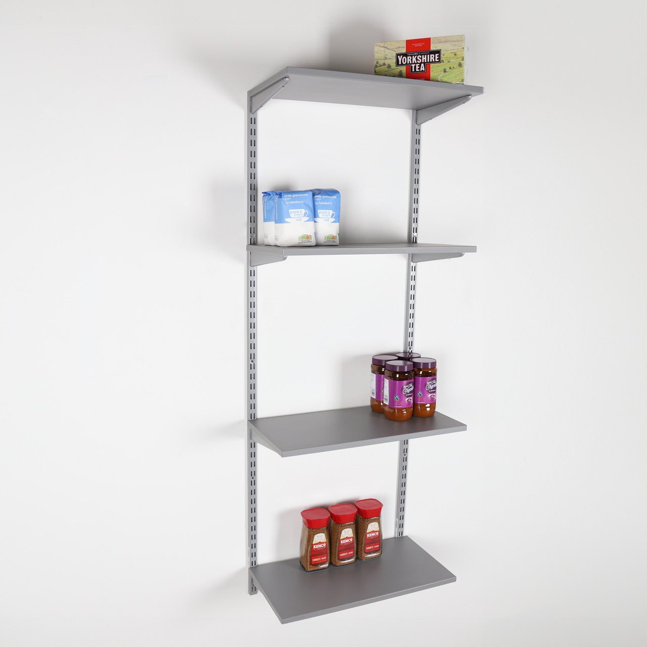 Silver Twin Slot Shelving Kit - H1600mm - 4 Dark Grey Wooden Shelves