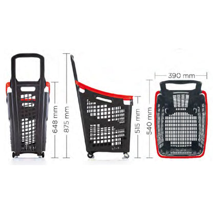 Pack of 6 Large Red Plastic Shopping Basket With Wheels And Fixed Handle - 65L
