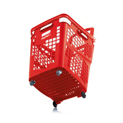 Pack of 6 Large Red Plastic Shopping Basket With Wheels And Fixed Handle - 65L