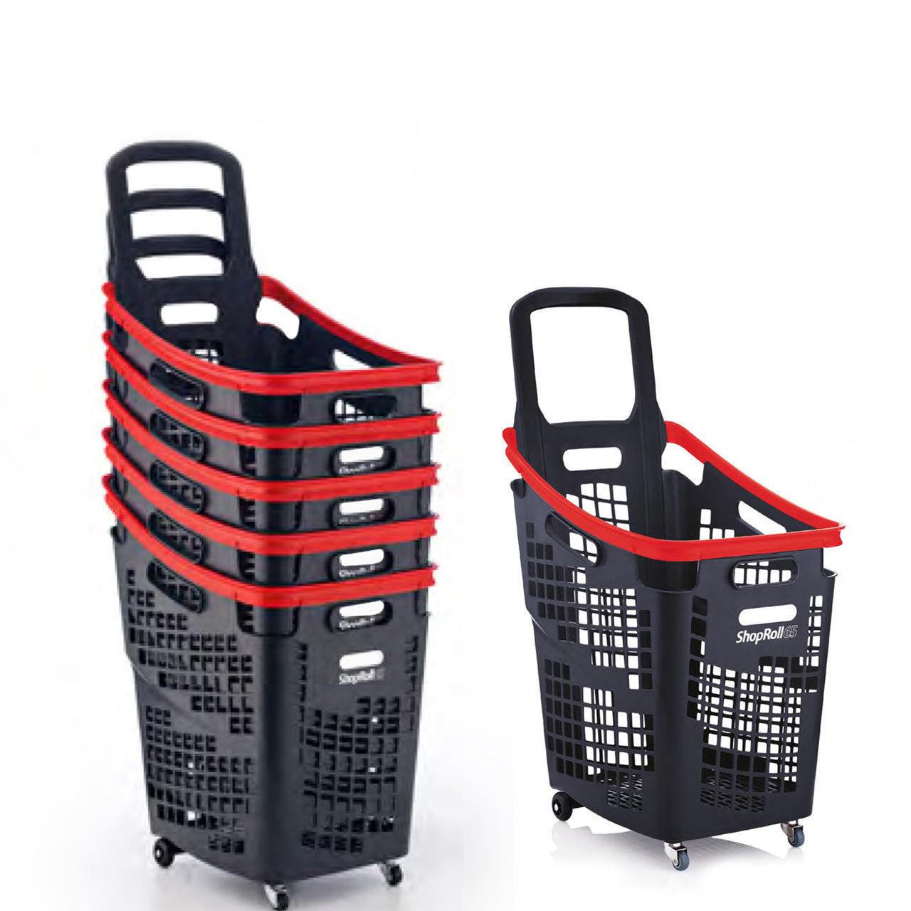 Pack of 6 Large Black/Red Plastic Shopping Basket With Wheels And Fixed Handle - 65L