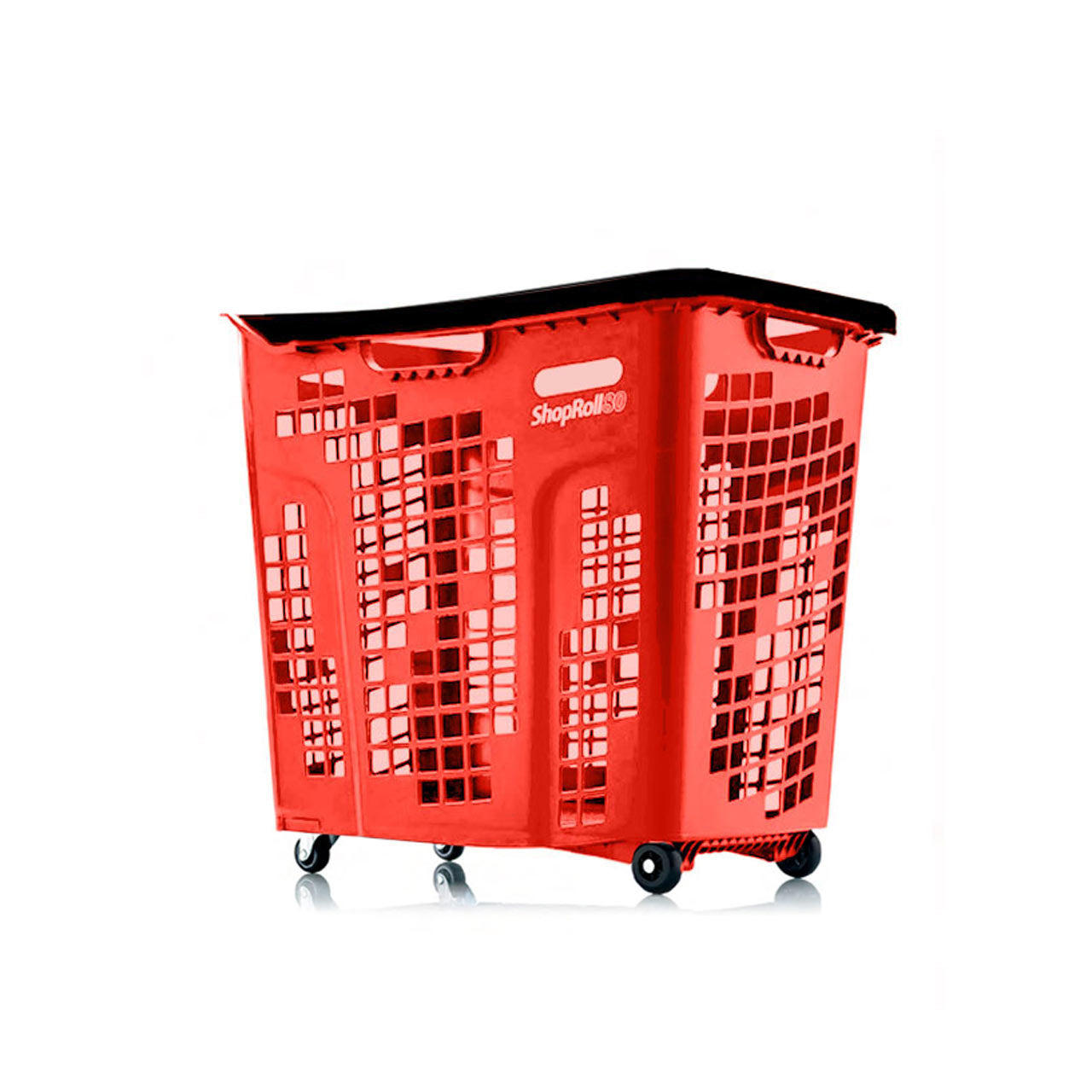 Pack of 9 Extra Large Red Plastic Shopping Basket With Black Handle and Wheels - 80L
