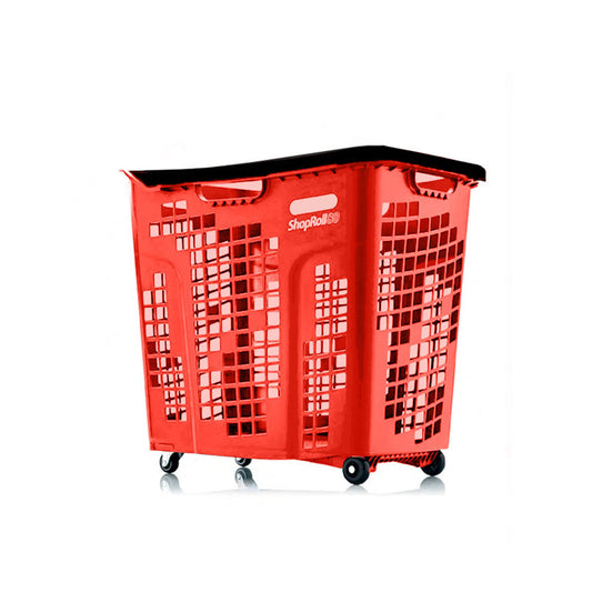 Pack of 9 Extra Large Red Plastic Shopping Basket With Black Handle and Wheels - 80L