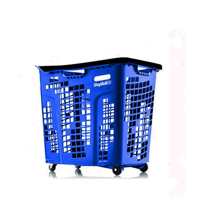 Pack of 9 Extra Large Blue Plastic Shopping Basket With Black Handle and Wheels - 80L
