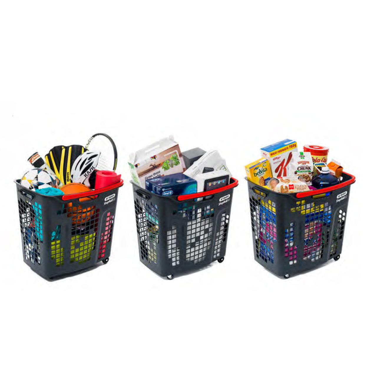 Pack of 9 Extra Large Black Plastic Shopping Basket With Red Handle and Wheels - 80L
