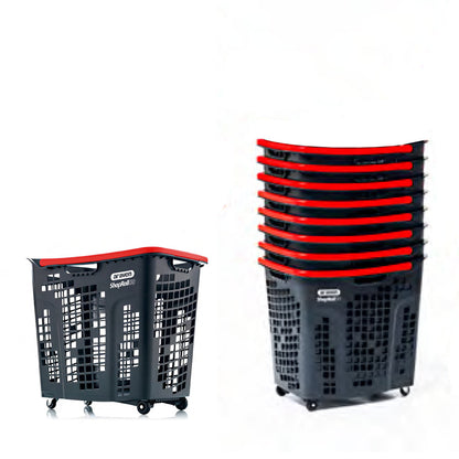 Pack of 9 Extra Large Black Plastic Shopping Basket With Red Handle and Wheels - 80L