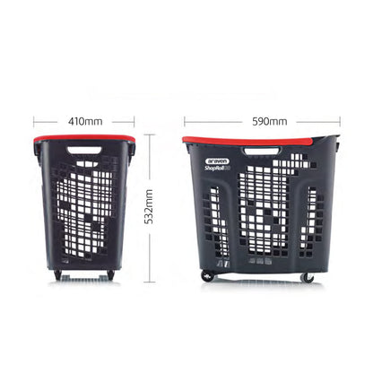 Pack of 9 Extra Large Black Plastic Shopping Basket With Red Handle and Wheels - 80L