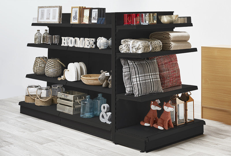 Black Retail Gondola Shelving - Run of 2 x H1400 x W1250mm Bays & 2 x End Bays - 18 Shelves