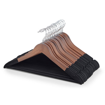 Vintage Style Wooden Suit Hangers with Black Velvet Flocking - Trouser Bar and Shoulder Notches
