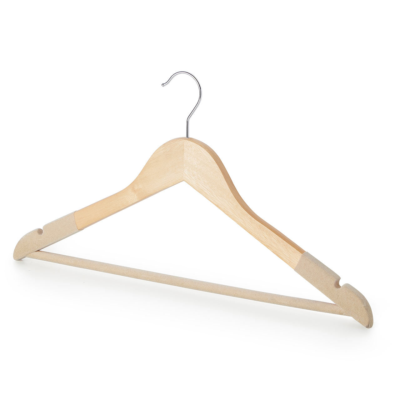 Natural Wooden Suit Hangers with Beige Velvet Flocking - Trouser Bar and Shoulder Notches