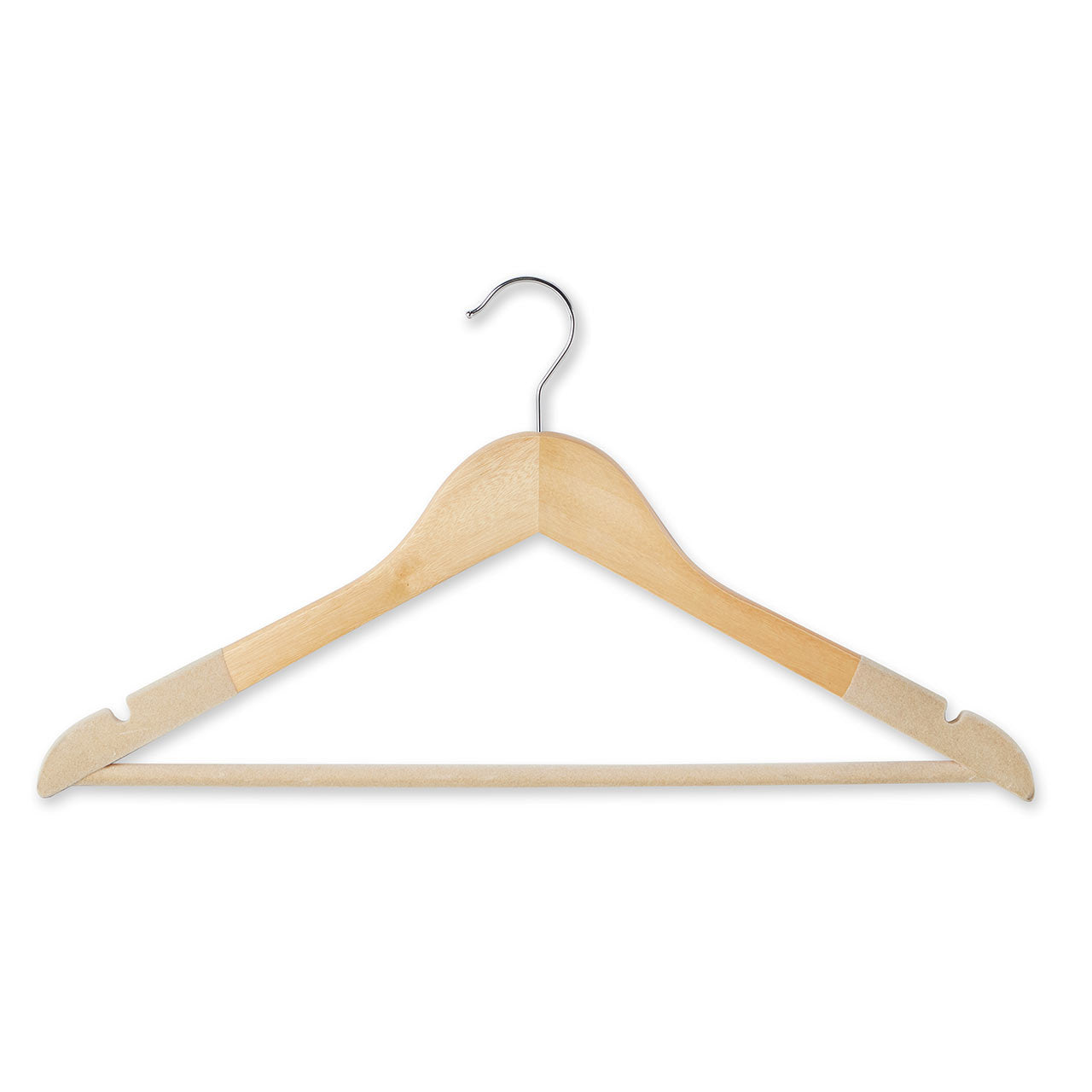 Natural Wooden Suit Hangers with Beige Velvet Flocking - Trouser Bar and Shoulder Notches