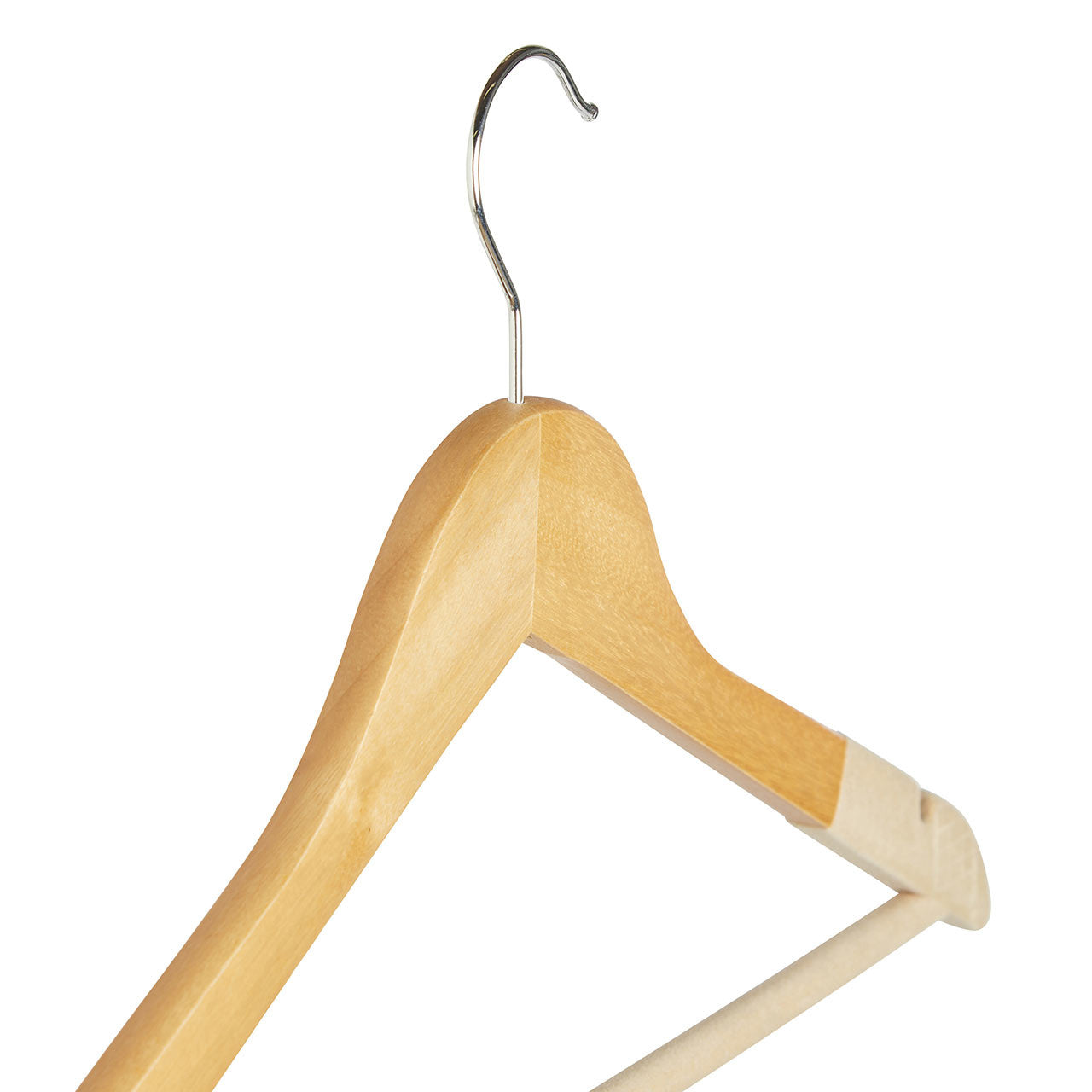 Natural Wooden Suit Hangers with Beige Velvet Flocking - Trouser Bar and Shoulder Notches
