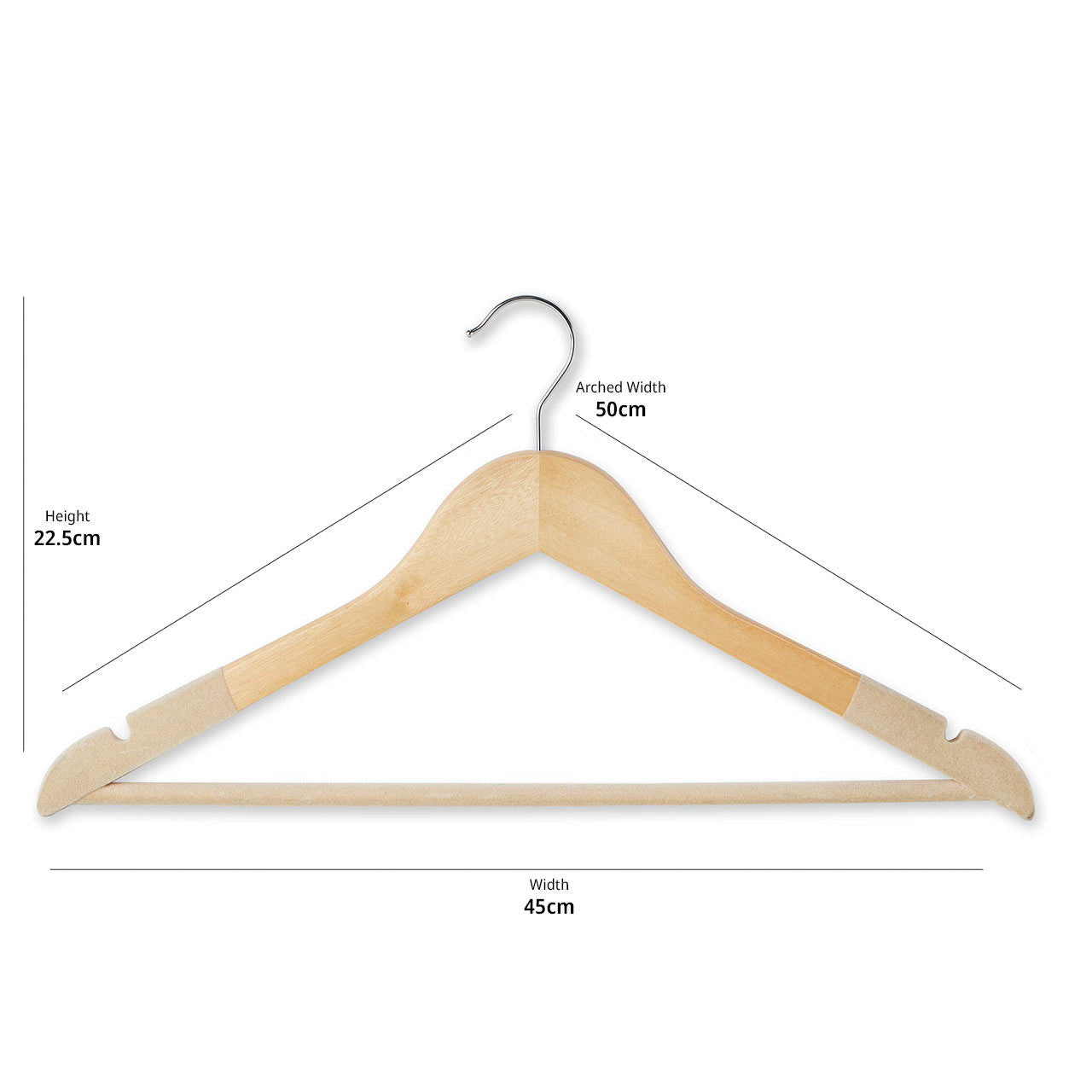 Natural Wooden Suit Hangers with Beige Velvet Flocking - Trouser Bar and Shoulder Notches