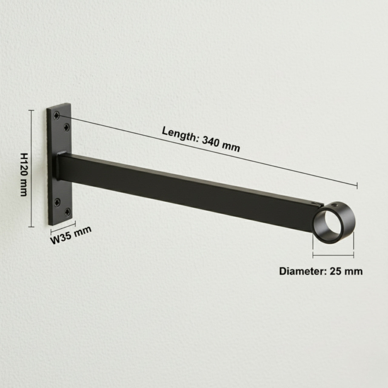 Black Support Arm For up to 25mm Diameter tube - Wall fix