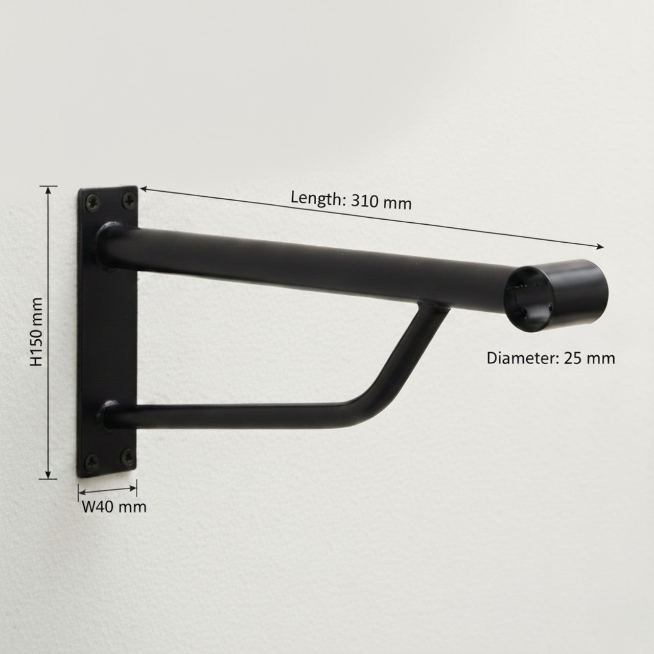 Heavy Duty Black Support Arm For up to 25mm Diameter tube - Wall fix