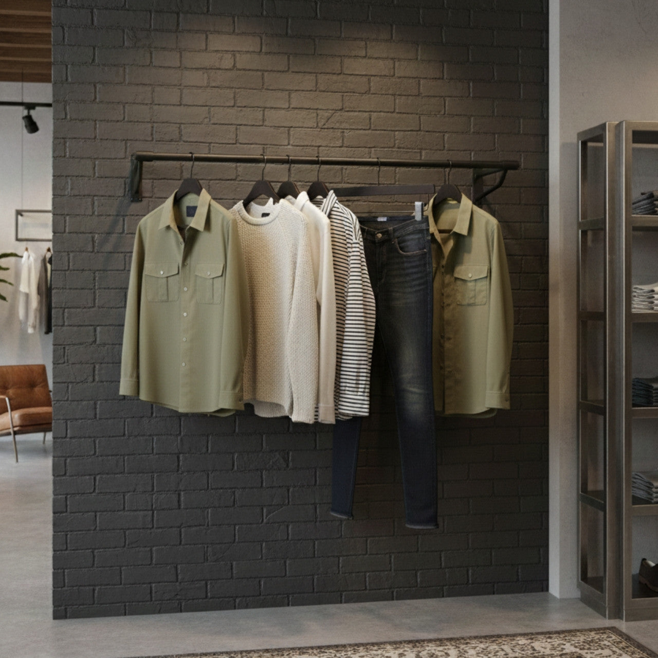1m Heavy Duty Black Wall-Mounted Hanging Clothes Rail with 2 Support Arms