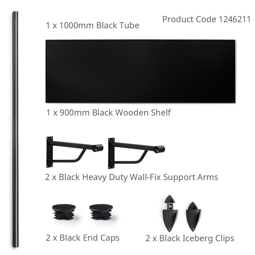 Black Wooden Shelf and Clips with Black Hanging Rail