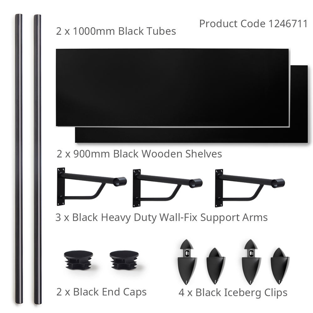 Black Wooden Shelf and Clips with Black Hanging Rail