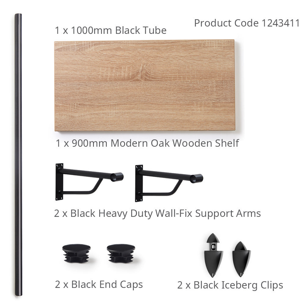 Oak Wooden Shelf and Clips with Black Hanging Rail